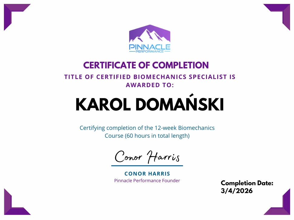 Trener Personalny Karol Domański (Big Boss Biomechaniki) uzyskał tytuł certyfikowanego specjalisty biomechaniki od Conora Harrisa.