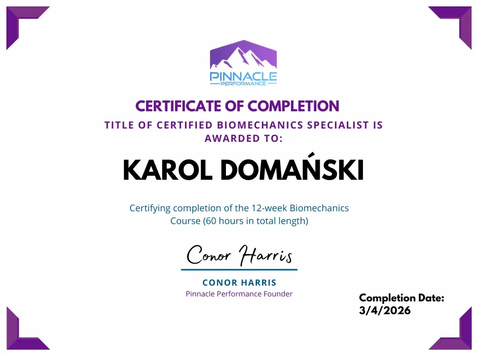 Trener Personalny Karol Domański (Big Boss Biomechaniki) uzyskał tytuł certyfikowanego specjalisty biomechaniki od Conora Harrisa.